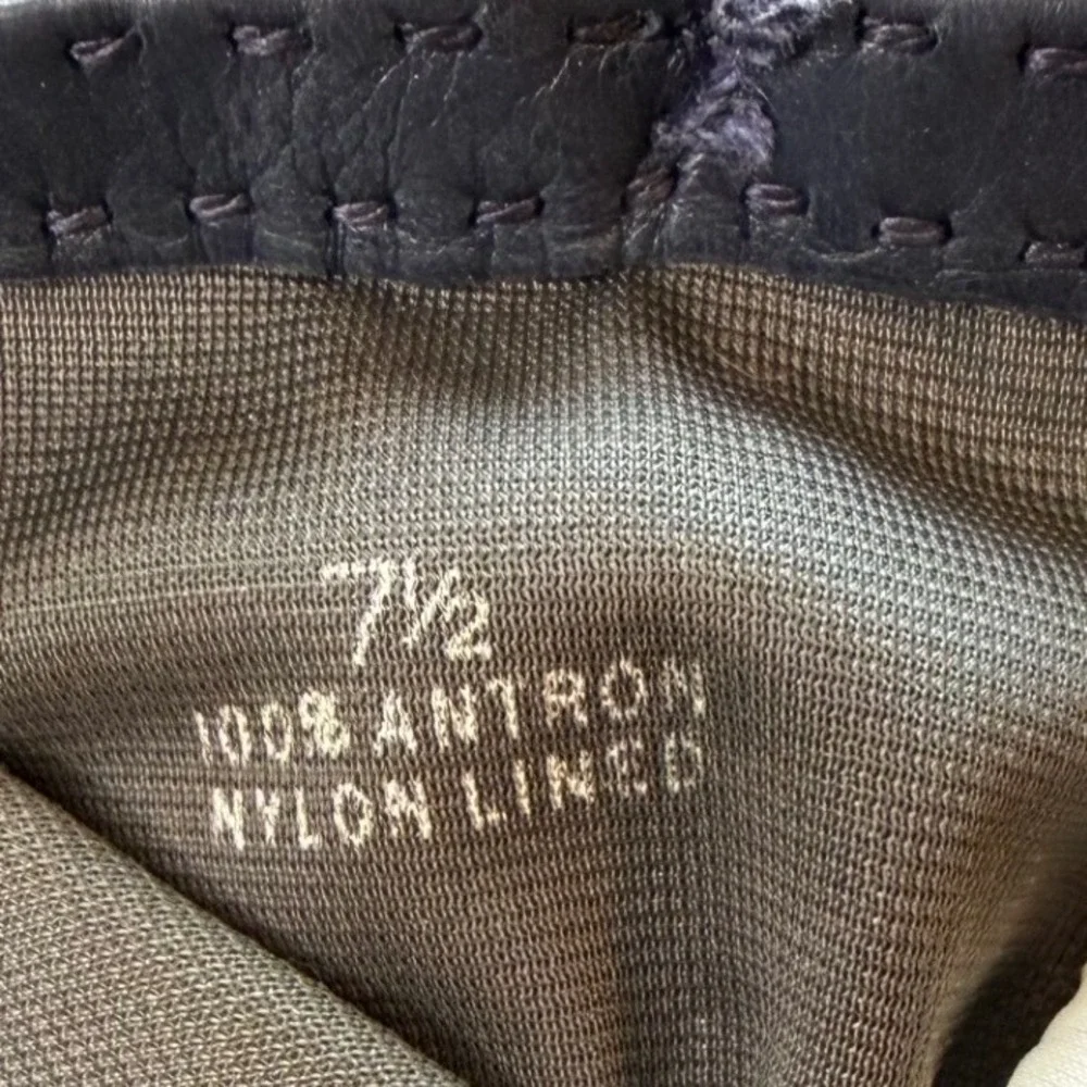 Lord & Taylor Vtg Navy Blue Leather Gloves Gold Buckle Antron Nylon Lined Sz 7.5